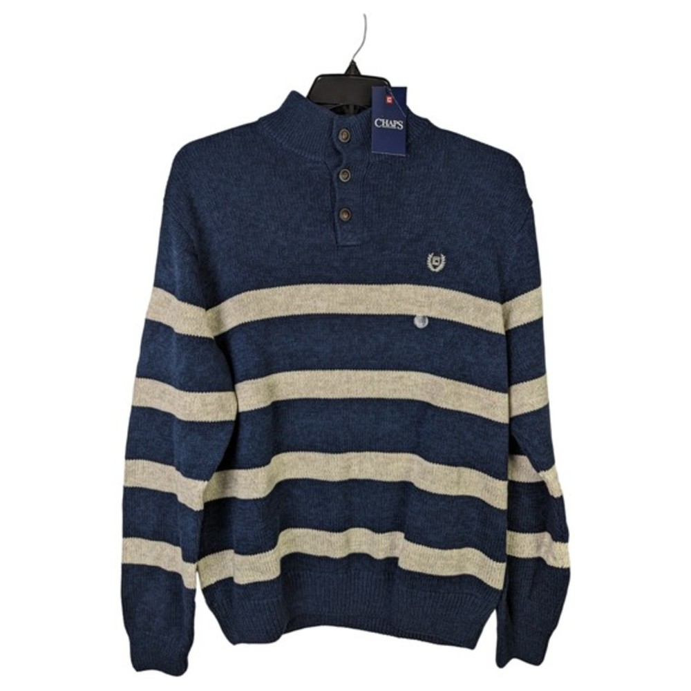 Chaps Sweater Mens XL Pullover Blue White Striped 1/4 Button Long‎ Sleeve Cotton